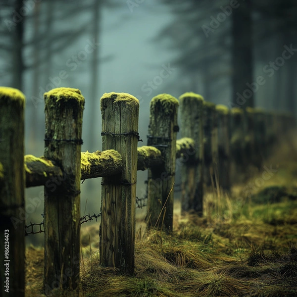 Fototapeta An old wooden fence with moss growing on the posts
