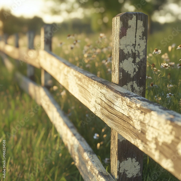 Fototapeta Detail shot of a rustic wooden fence with peeling paint