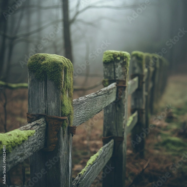 Obraz An old wooden fence with moss growing on the posts