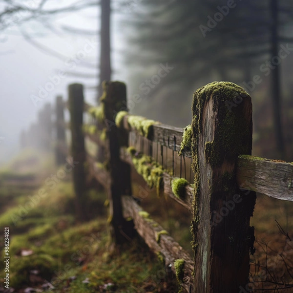Obraz An old wooden fence with moss growing on the posts