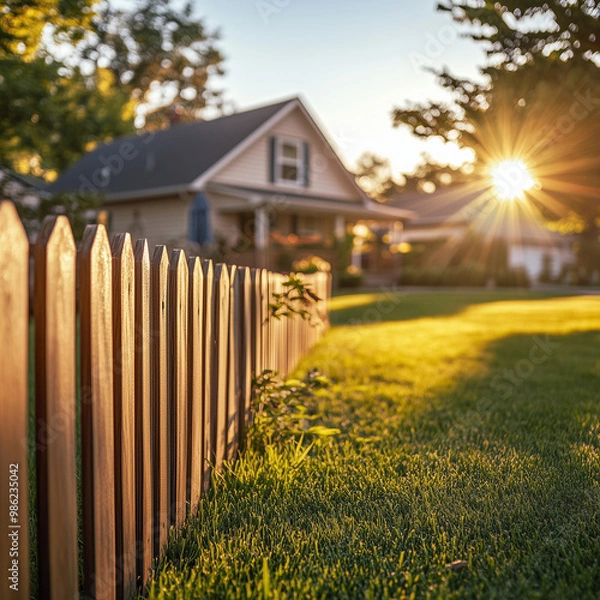 Obraz Wide view of a wooden picket fence in front of a cozy suburban home