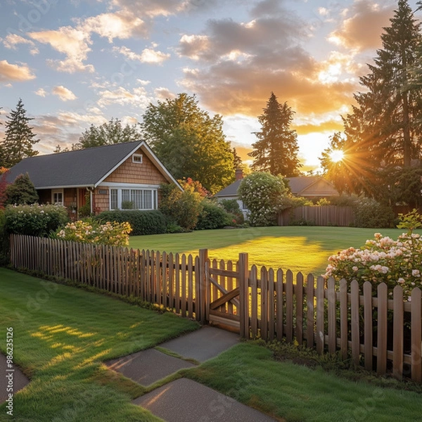 Fototapeta Wide view of a wooden picket fence in front of a cozy suburban home