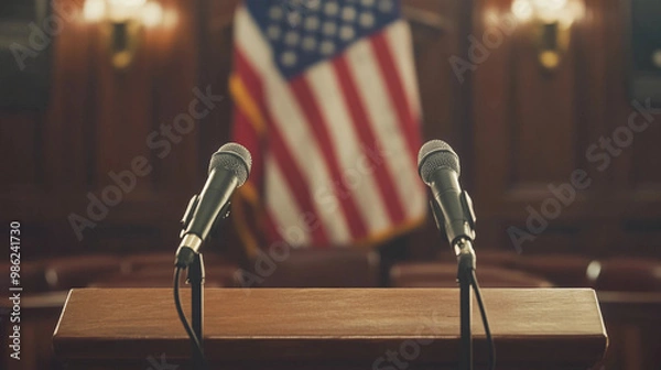 Fototapeta Pulpit with two microphones and flag int he background public speaking politics election press conference