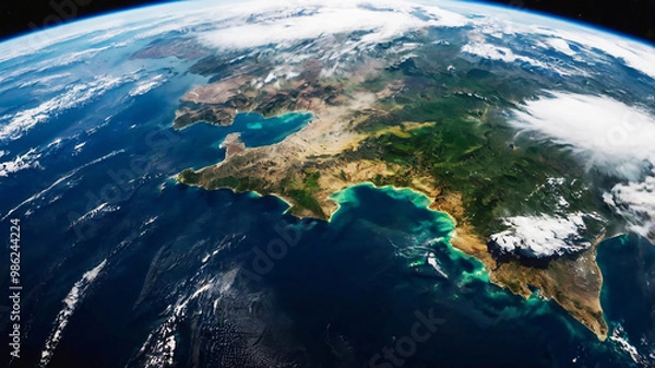 Fototapeta Panoramic view of Earth from space glowing city lights, light clouds, and the vibrant curve of the globe