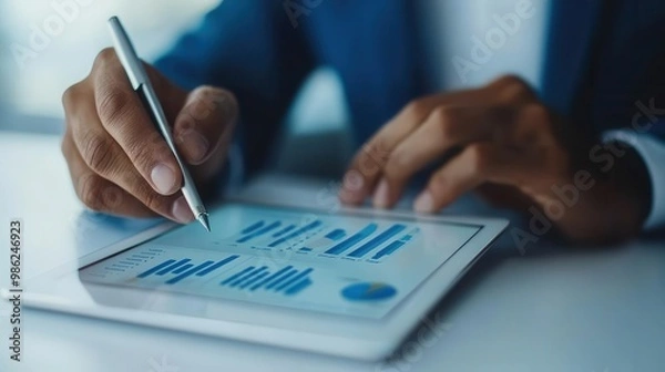 Fototapeta Financial advisor with tablet showing interactive budget, budget strategy, financial tools