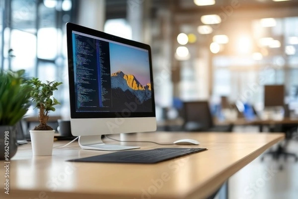 Obraz Office desk with desktop computer and business office background with generative ai
