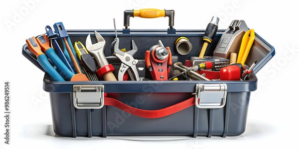 Fototapeta Isolated plumber toolbox with various tools inside, plumber, toolbox, isolated,equipment, wrench, repair, maintenance