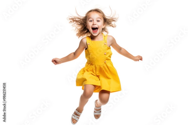 Obraz A cheerful little girl with pigtails, laughing and jumping in the air, dressed in a playful summer outfit isolated on white background