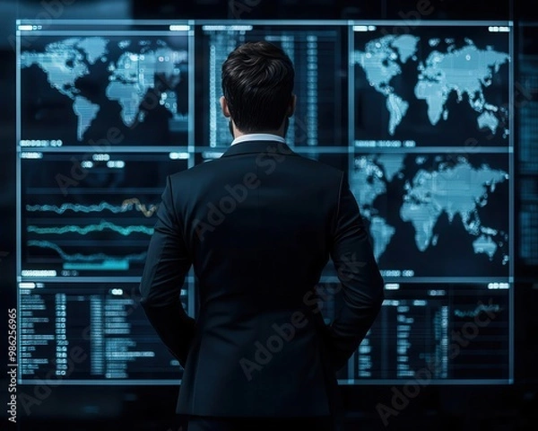 Fototapeta Businessman in front of digital screens with global stock charts, stock market, global trends