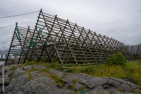 Fototapeta Empty fish drying flake in Svolvaer, Norway