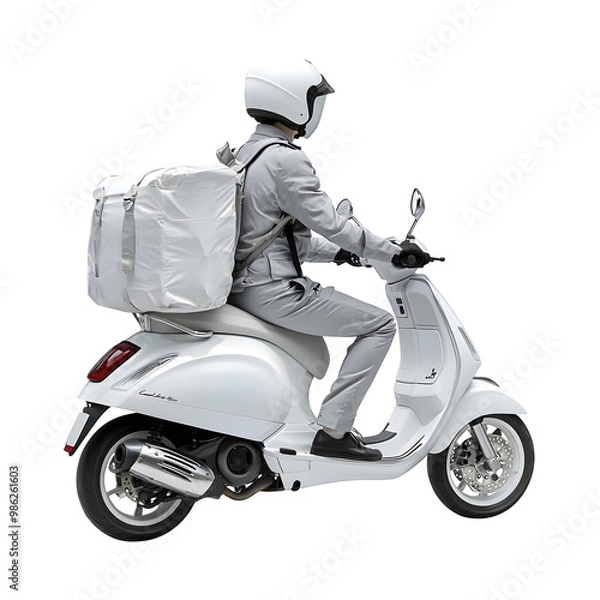 Fototapeta Delivery Person Riding White Scooter with Large White Bag,  Isolated on Transparent Background PNG