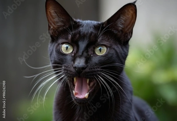 Obraz A sleek, black cat with striking yellow eyes is standing on a stone ledge