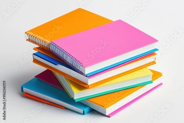 Fototapeta Colorful stack of notebooks on a white background, perfect for school or office use.