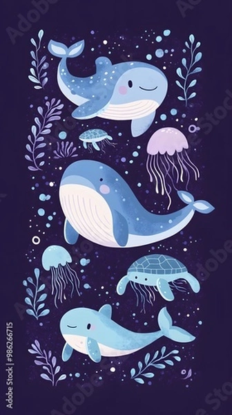 Fototapeta A cute, flat illustration of an ocean scene with various sea creatures, including whales and turtles, surrounded by seaweed and jellyfish in pastel blue tones on a dark purple background, in a hand-dr