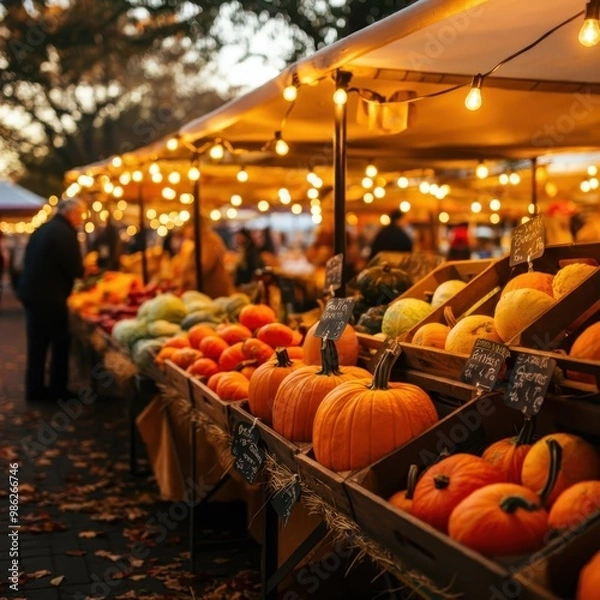 Fototapeta Vibrant farmers market with fresh produce and string lights, creating a cozy autumn atmosphere.