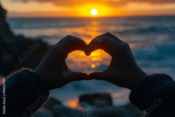 Fototapeta Sunset In Heart Shaped Hands with generative ai