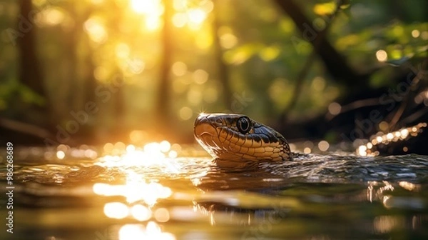 Obraz A snake emerges from the water with the sun shining in the background.