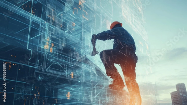 Fototapeta A worker is seen tightening bolts on futuristic structure, showcasing blend of technology and construction. scene captures essence of modern engineering and innovation