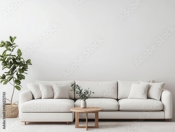 Fototapeta Spacious living room with sleek sectional sofa and minimalist coffee table, minimalistic design, open harmony