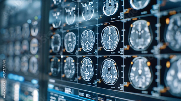 Fototapeta Multiple brain MRI images displayed on a digital screen, showcasing the use of advanced medical imaging for diagnostic purposes.