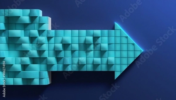 Fototapeta Stylized three-dimensional turquoise arrow composed of textured cubes against a deep blue background, featuring sharp edges and a glowing effect, generative ai