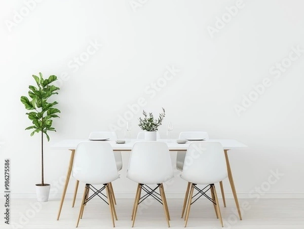 Fototapeta Bright dining room with simple table setting and natural light, minimalistic interior, harmonious space