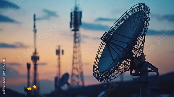 Fototapeta A silhouette of a large satellite dish against a sunset, framed by telecommunications towers, showcasing the blend of technology and nature.