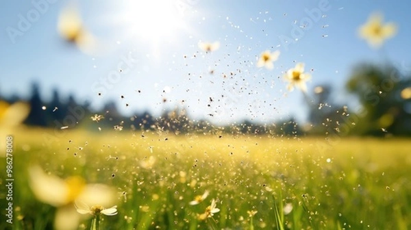 Fototapeta Pollen disperses into the air in a field, showcasing allergy-causing particles and their impact on health.