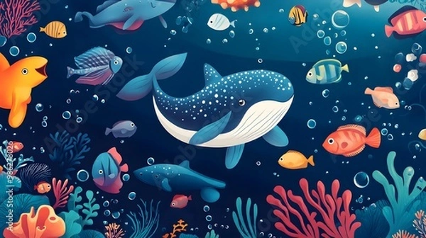 Obraz A cute, flat illustration of an ocean scene with various sea creatures, including whales and turtles, surrounded by seaweed and jellyfish in pastel blue tones on a dark purple background, in a hand-dr