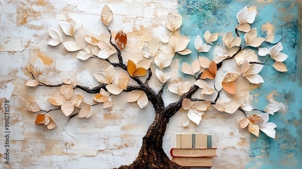 Fototapeta Abstract painting of knowledge as a tree with books for leaves, conceptual education art