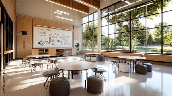 Fototapeta Classroom with cozy seating and students discussing ideas, collaborative learning environment