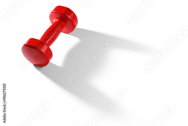 Fototapeta A red dumbbell with bright highlights casts a long shadow on the background. Isolated on a transparent background.