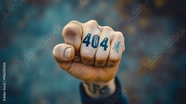 Fototapeta A close-up shot of a hand with a tattoo of the number "404" on the knuckles, with a blurred background.