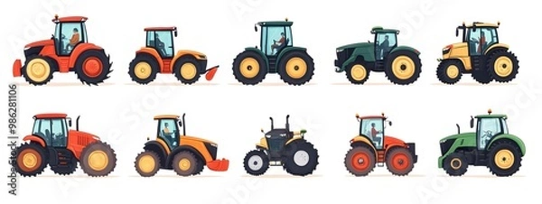 Fototapeta Set of vector illustrations, simple flat design cartoon-style illustrations of different tractors and farm equipment, white background, colorful, minimalistic, high resolution