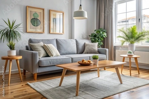 Obraz Interior of light living room with cozy grey sofa and wooden coffee table