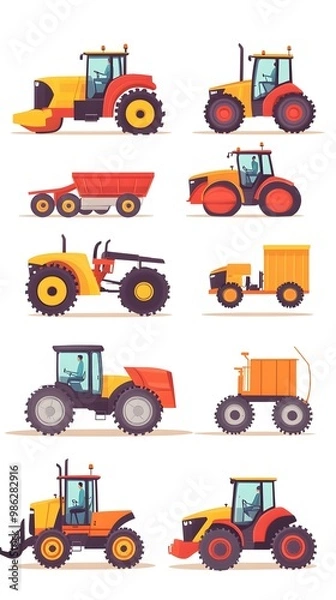 Obraz Set of vector illustrations, simple flat design cartoon-style illustrations of different tractors and farm equipment, white background, colorful, minimalistic, high resolution