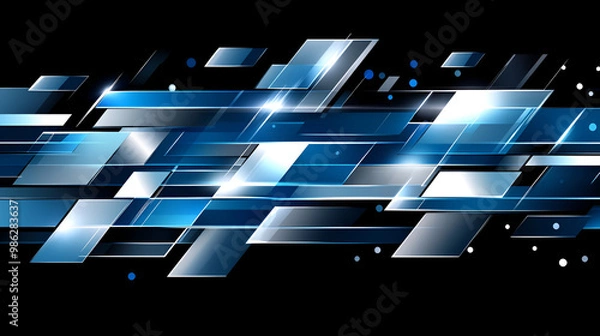 Fototapeta Abstract design featuring dynamic blue and silver geometric shapes on a black background, ideal for modern graphic use or digital presentations