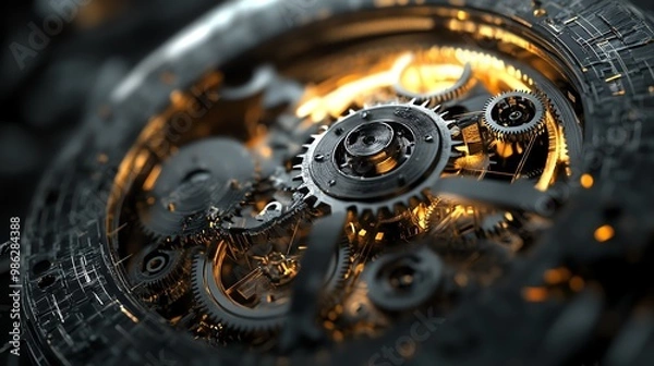 Fototapeta Close-up of intricate mechanical gears and cogs, showcasing the complexity and precision of machinery with glowing elements.