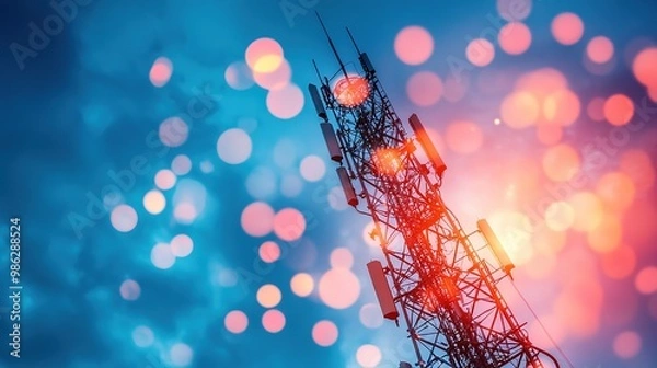 Fototapeta A vivid image of a telecommunications tower against a blue background, illuminated by colorful bokeh lights, symbolizing connectivity and technology.