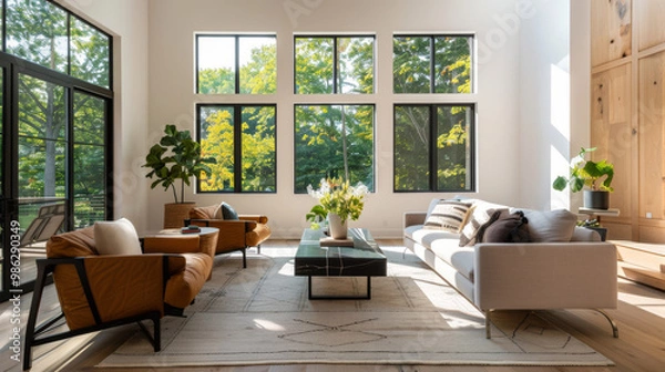 Fototapeta A bright and airy living room featuring large windows that invite natural light, comfortable seating, and stylish decor, creating warm and inviting atmosphere