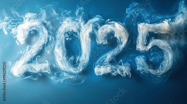 Fototapeta The new year is 2025. Celebrating New Year's Eve. The numbers 2025, created from white smoke on a blue background, close-up. The concept of a Happy New Year, Christmas, and the festive season.
