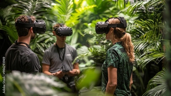 Fototapeta Inventors testing new technology in a virtual reality jungle