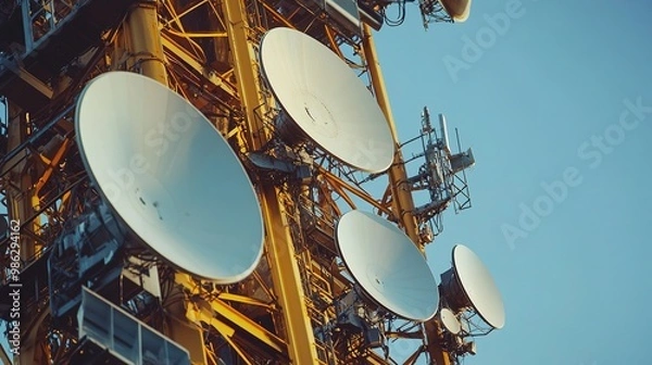 Fototapeta A tall communication tower features multiple satellite dishes against a clear blue sky, showcasing advanced technology for signal transmission.
