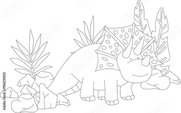 Fototapeta Vector line art with dinosaur. Triceratops. Coloring.