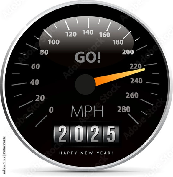 Fototapeta Congratulations on the New Year 2025 on the background of the speedometer counter. Vector illustration isolated on white background