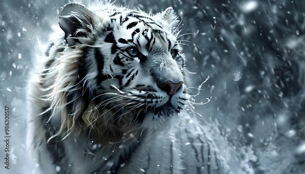 Fototapeta A majestic white tiger with piercing yellow eyes stands in a snowy forest. Snowflakes fall around it, and its fur is slightly ruffled by the wind.