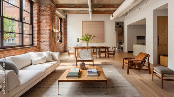 Fototapeta A modern loft with high ceilings and exposed brick walls, featuring stylish living area with comfortable sofa, wooden dining table, and elegant decor. space exudes warm and inviting atmosphere