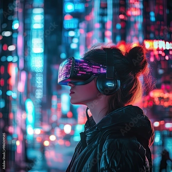 Fototapeta Young Woman with Augmented Reality in Futuristic Cyberpunk City