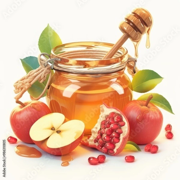 Fototapeta 3D render of a honey jar with a dipper, apples, and pomegranate seeds isolated on a white background