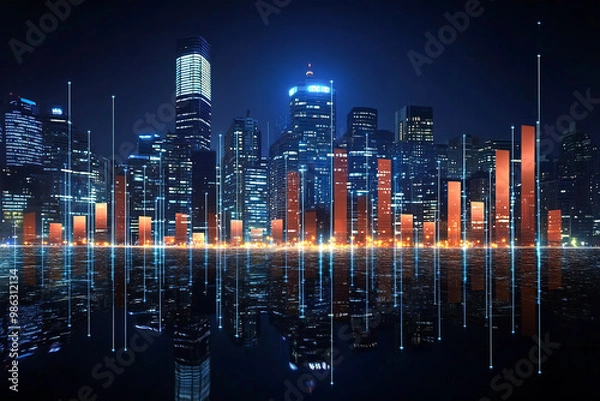 Fototapeta Stock market histogram against the background of the modern business center of the city